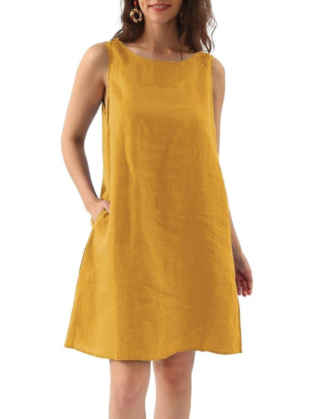 Women's 100% Linen Summer Sleeveless Shift Dress with Pocket - Casual Chic Style